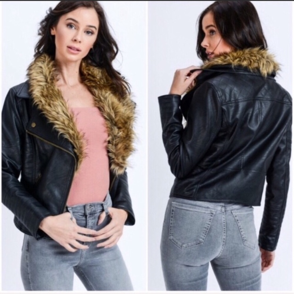 Leather Moto Jacket W/Removable Fur Collar - Picture 3 of 6